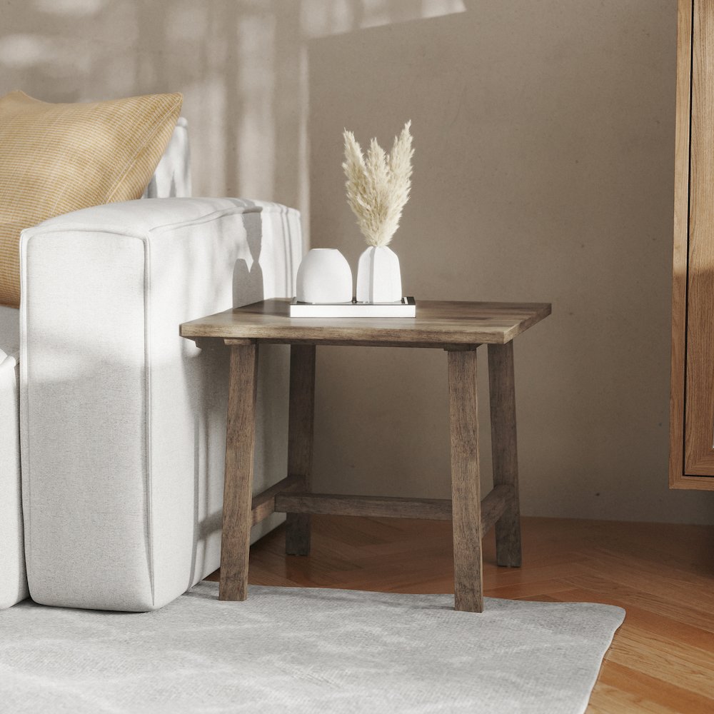 Eli Solid Wood Farmhouse End Table, Trestle Style Accent Table in Rustic Brown