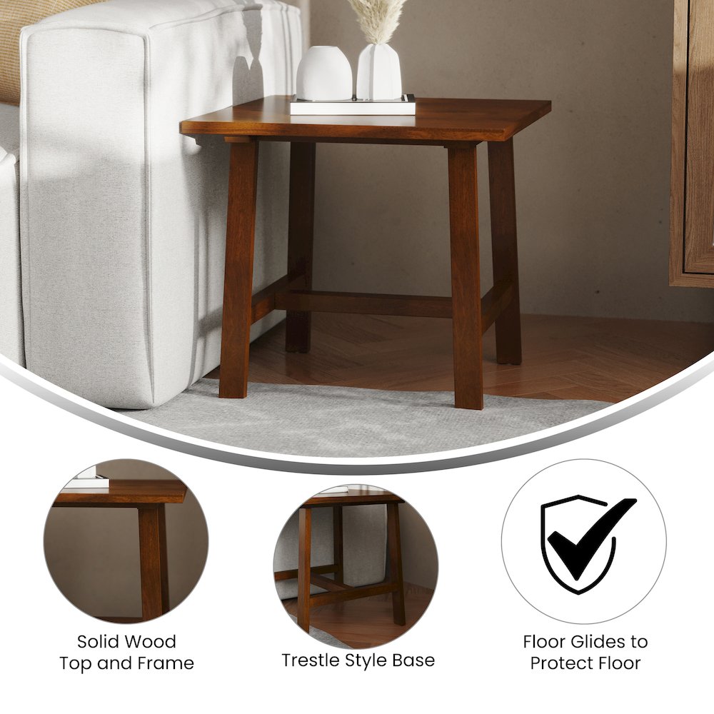 Eli Solid Wood Farmhouse End Table, Trestle Style Accent Table in Walnut