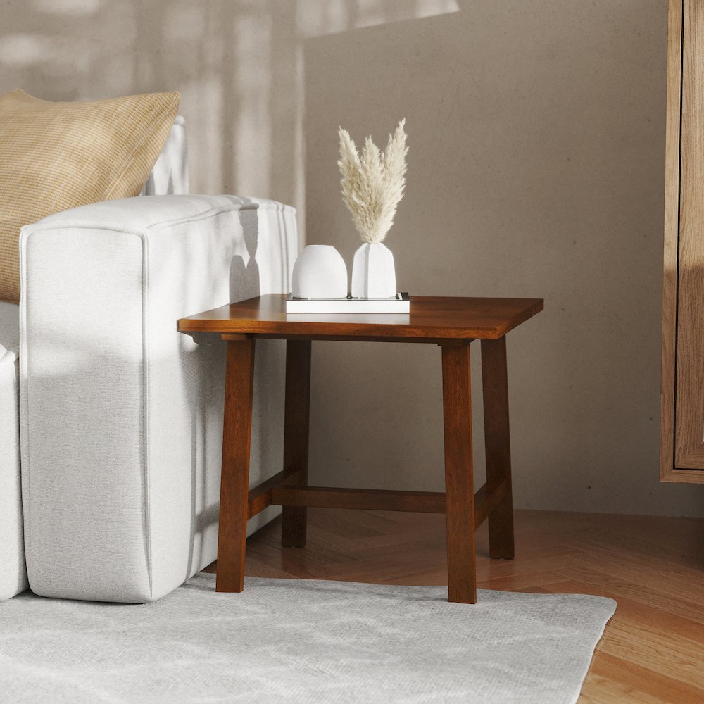 Eli Solid Wood Farmhouse End Table, Trestle Style Accent Table in Walnut