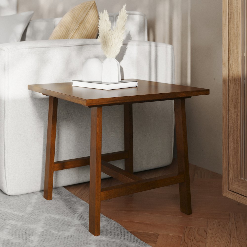 Eli Solid Wood Farmhouse End Table, Trestle Style Accent Table in Walnut