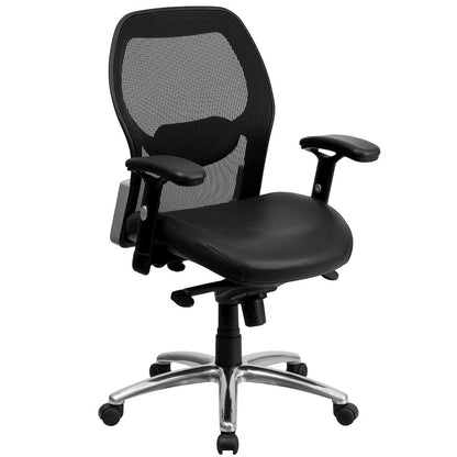 Mid-Back Black Super Mesh Executive Swivel Office Chair with LeatherSoft Seat, Knee Tilt Control and Adjustable Lumbar & Arms