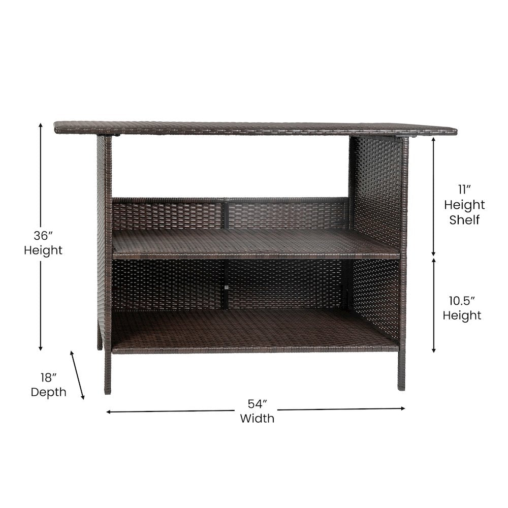 Marco Indoor/Outdoor Patio Wicker Rattan Bar Counter Table with 2 Shelves, Brown