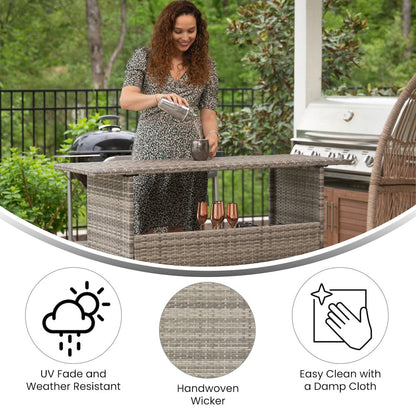 Marco Indoor/Outdoor Patio Wicker Rattan Bar Counter Table with 2 Shelves, Gray