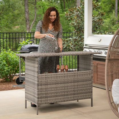 Marco Indoor/Outdoor Patio Wicker Rattan Bar Counter Table with 2 Shelves, Gray