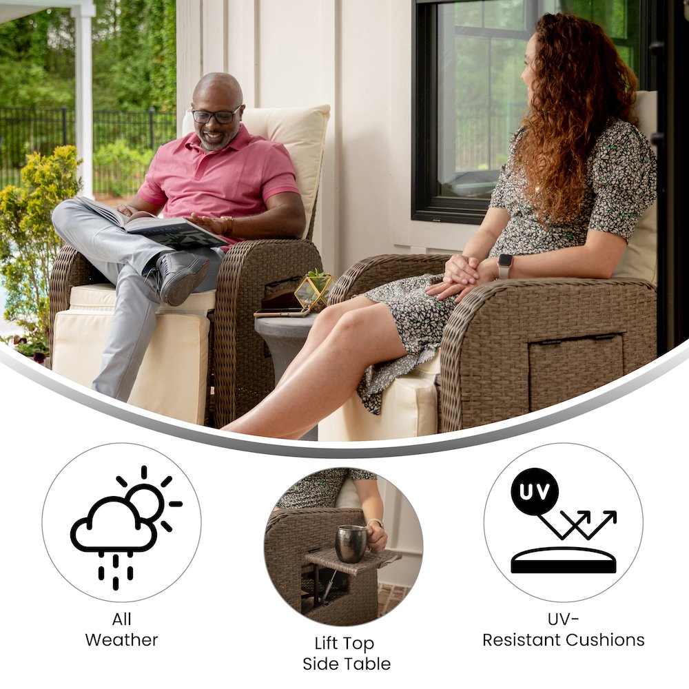 Patio Wicker Rattan Recliner Lounge Chair with Flip up Side Table, Beige/Brown
