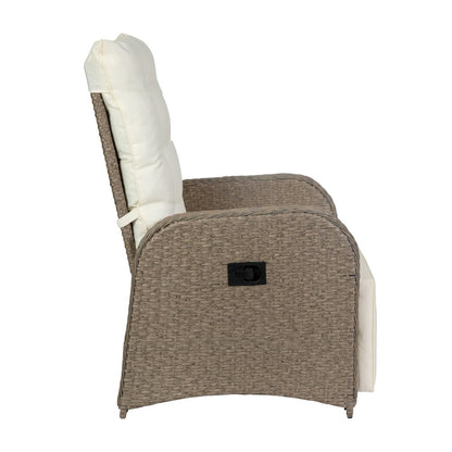 Patio Wicker Rattan Recliner Lounge Chair with Flip up Side Table, Beige/Brown