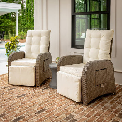 Patio Wicker Rattan Recliner Lounge Chair with Flip up Side Table, Beige/Brown