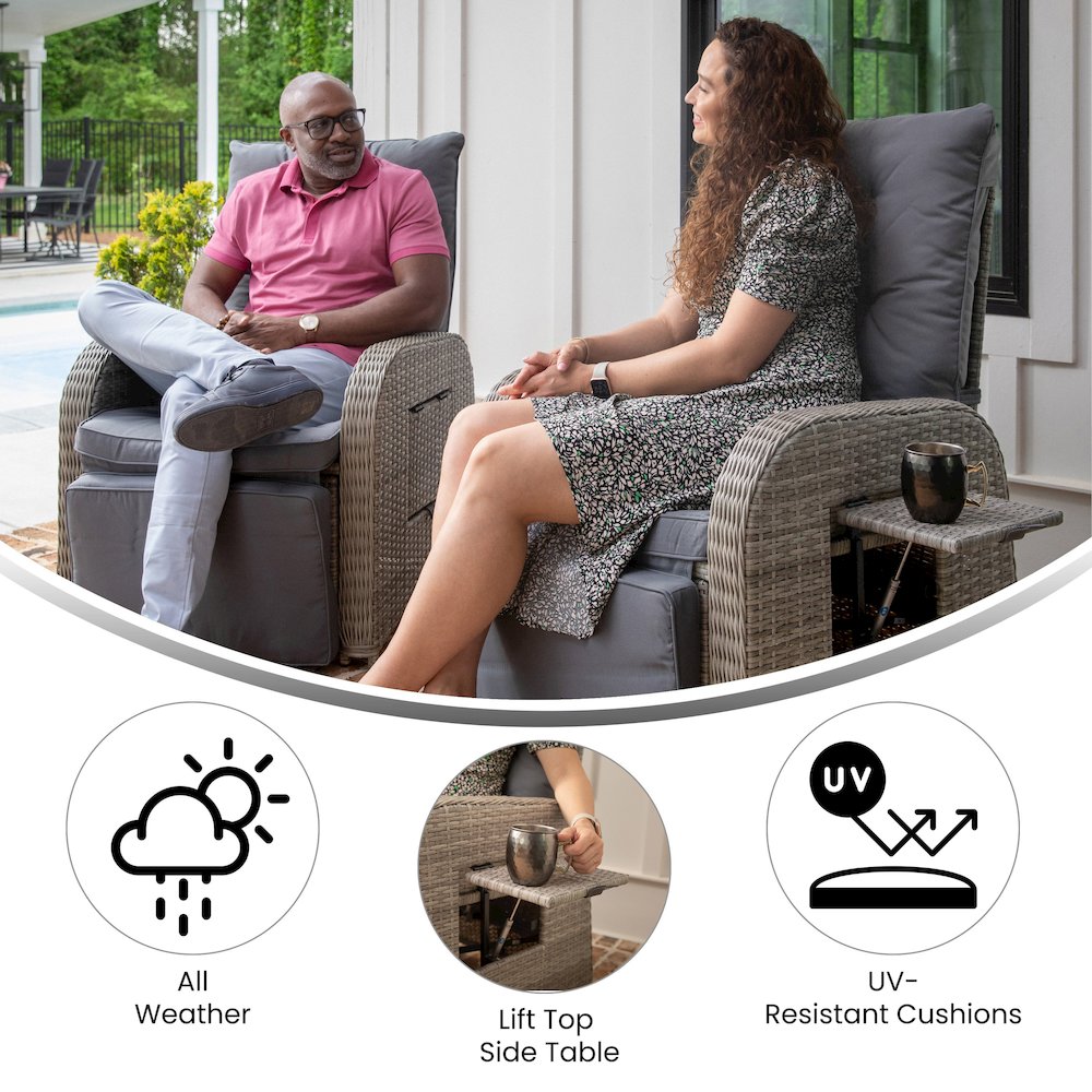 Nemo Patio Wicker Rattan Recliner Lounge Chair with Flip up Side Table, Gray