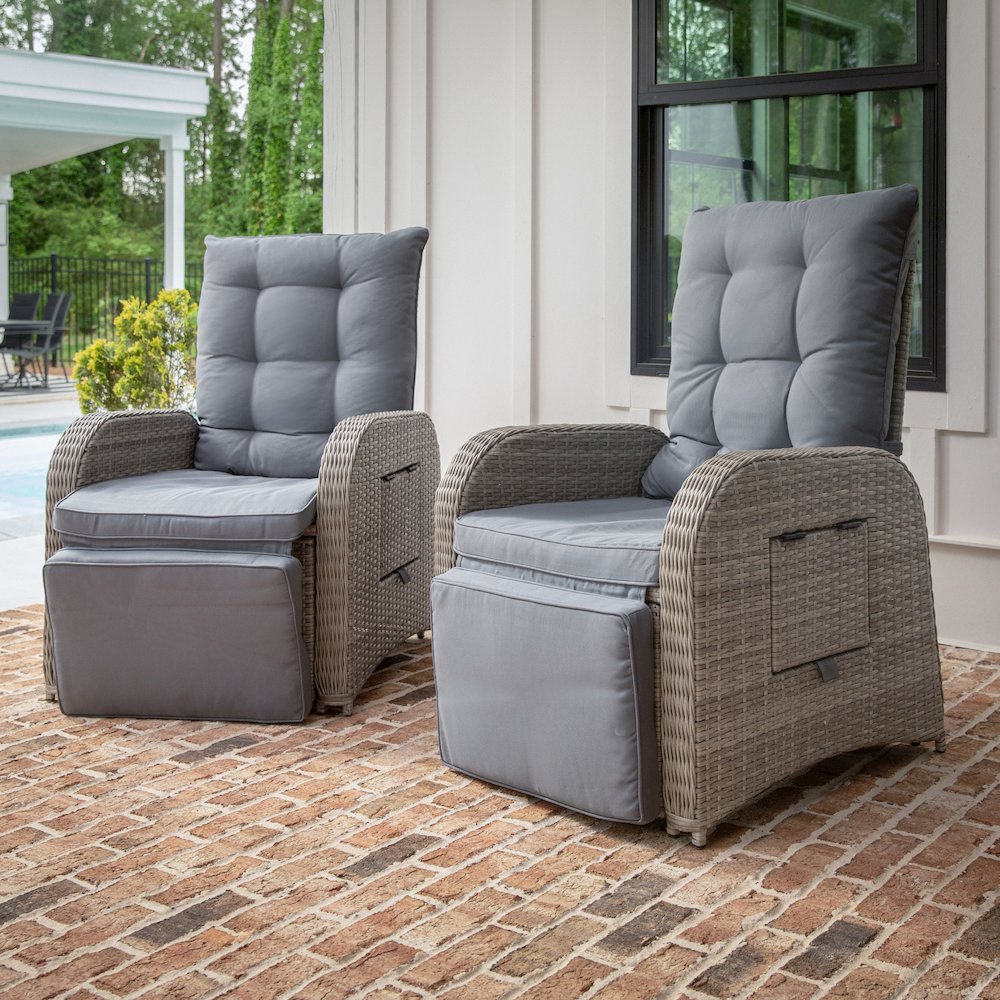 Nemo Patio Wicker Rattan Recliner Lounge Chair with Flip up Side Table, Gray
