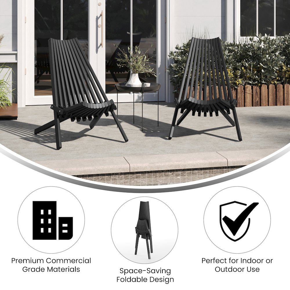 Folding Acacia Wood Chair, Low Profile Lounge for Patio, Porch, Garden, Black