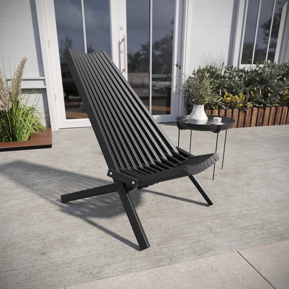 Folding Acacia Wood Chair, Low Profile Lounge for Patio, Porch, Garden, Black