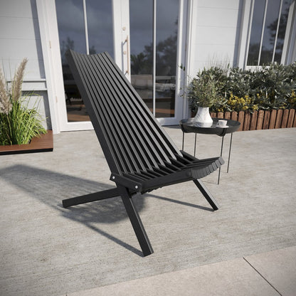 Folding Acacia Wood Chair, Low Profile Lounge for Patio, Porch, Garden, Black