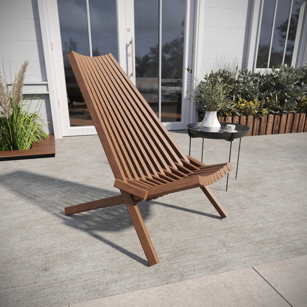 Folding Acacia Wood Chair, Low Profile Lounge for Patio, Porch, Garden, Brown