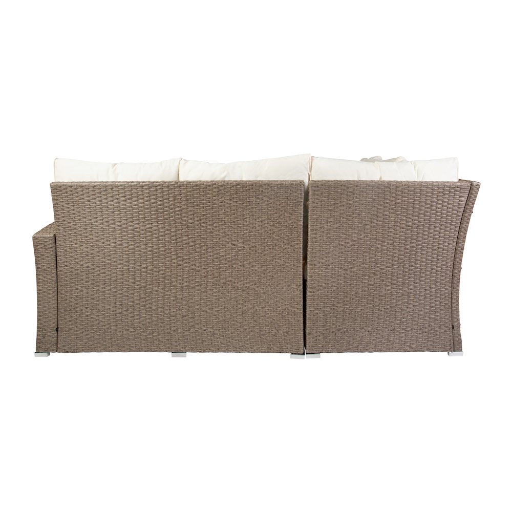 Set With L-Shaped Sofa and Table With Faux Wood Top, Beige Cushions/Brown Frame