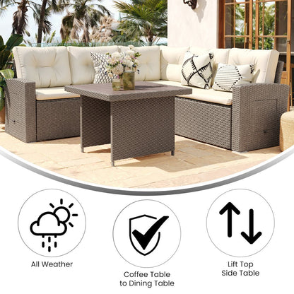 Set With L-Shaped Sofa and Table With Faux Wood Top, Beige Cushions/Brown Frame