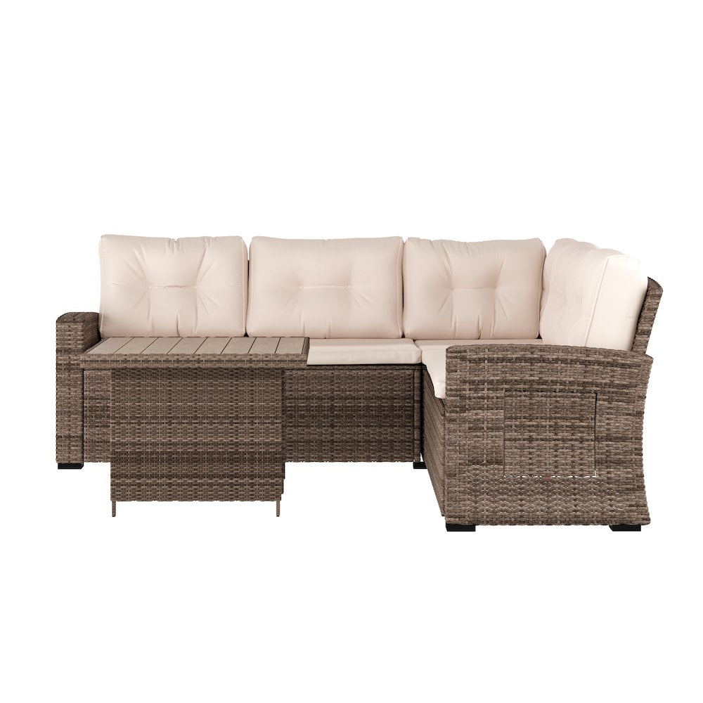 Set With L-Shaped Sofa and Table With Faux Wood Top, Beige Cushions/Brown Frame