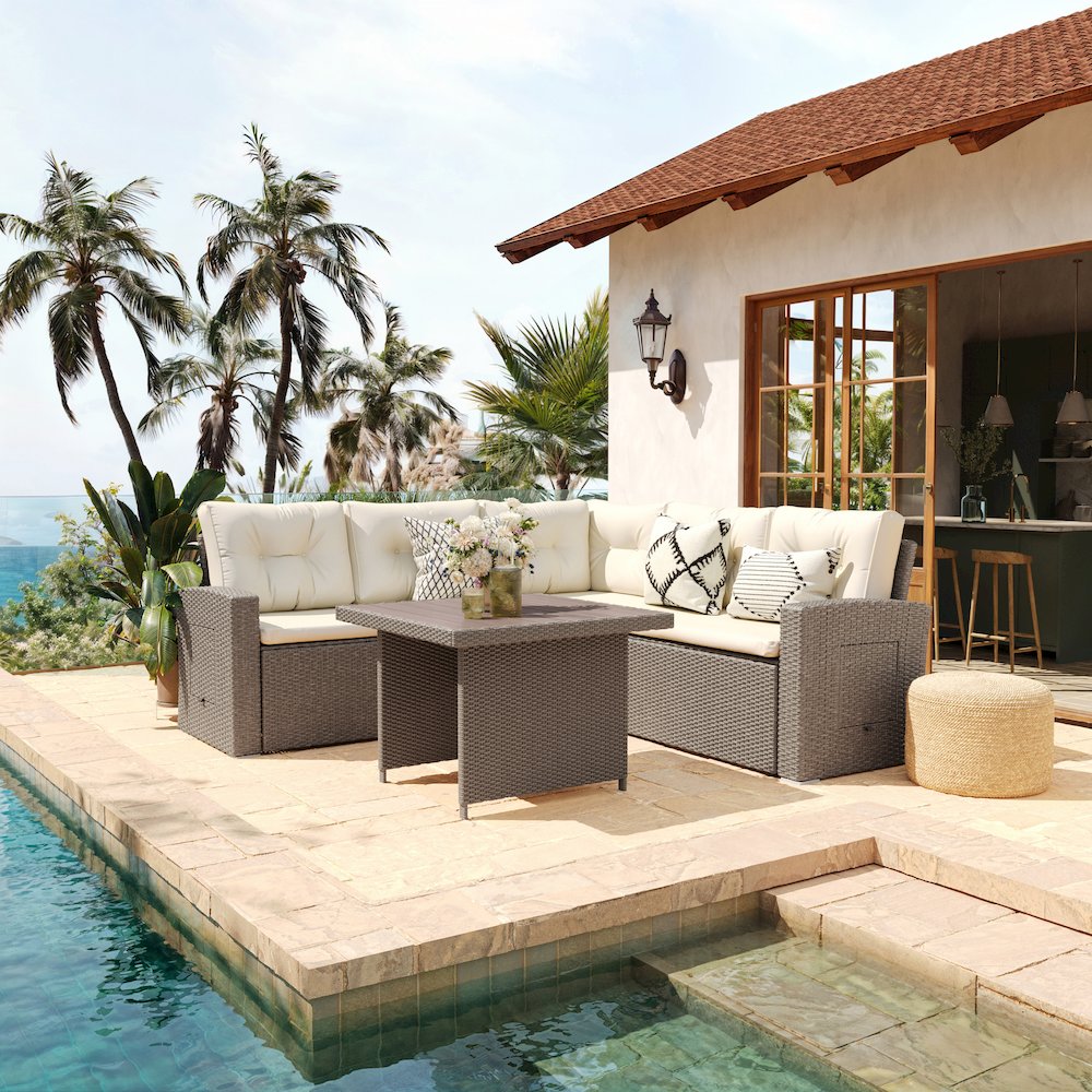 Set With L-Shaped Sofa and Table With Faux Wood Top, Beige Cushions/Brown Frame