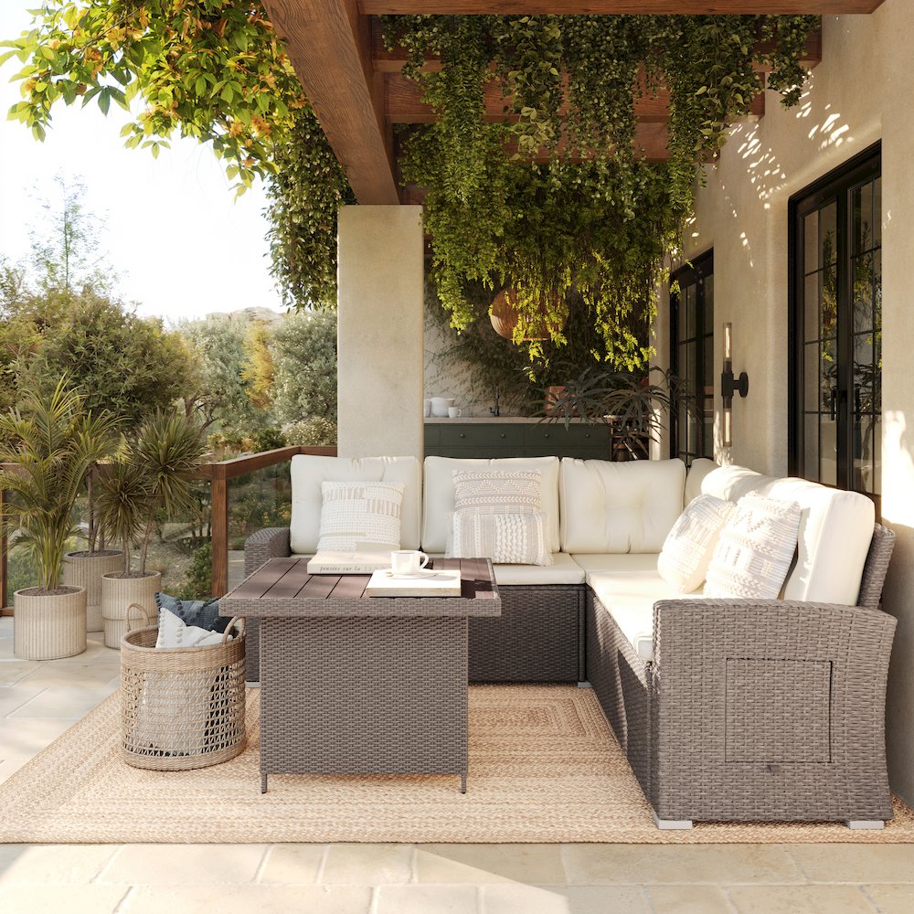 Set With L-Shaped Sofa and Table With Faux Wood Top, Beige Cushions/Brown Frame
