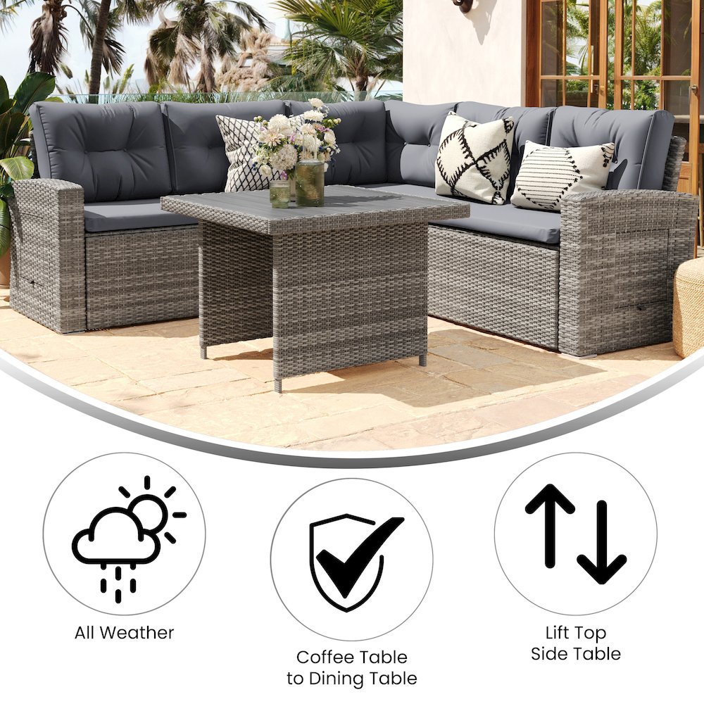 Set With L-Shaped Sofa and Table With Faux Wood Top, Gray Cushions/Gray Frame