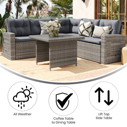 Set With L-Shaped Sofa and Table With Faux Wood Top, Gray Cushions/Gray Frame