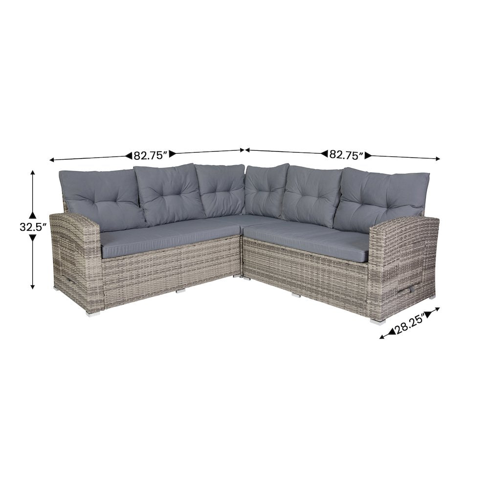 Set With L-Shaped Sofa and Table With Faux Wood Top, Gray Cushions/Gray Frame
