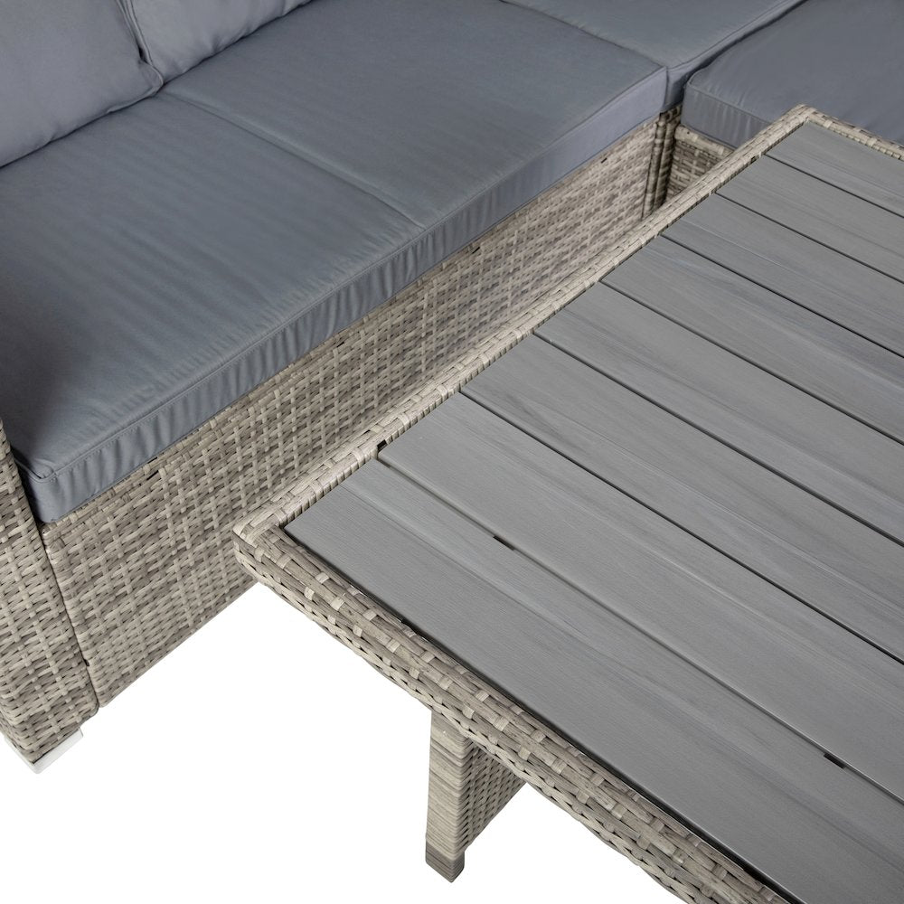 Set With L-Shaped Sofa and Table With Faux Wood Top, Gray Cushions/Gray Frame