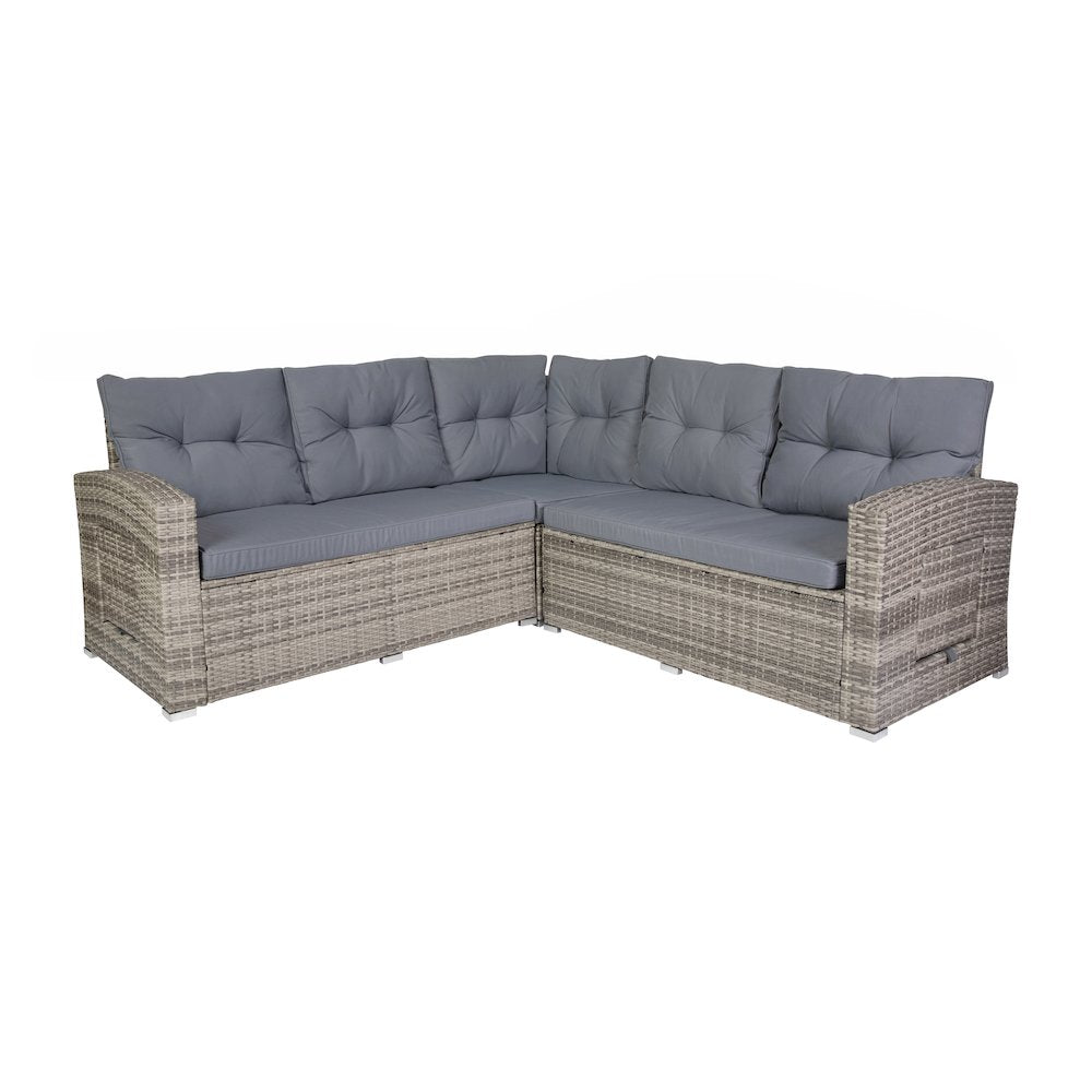 Set With L-Shaped Sofa and Table With Faux Wood Top, Gray Cushions/Gray Frame