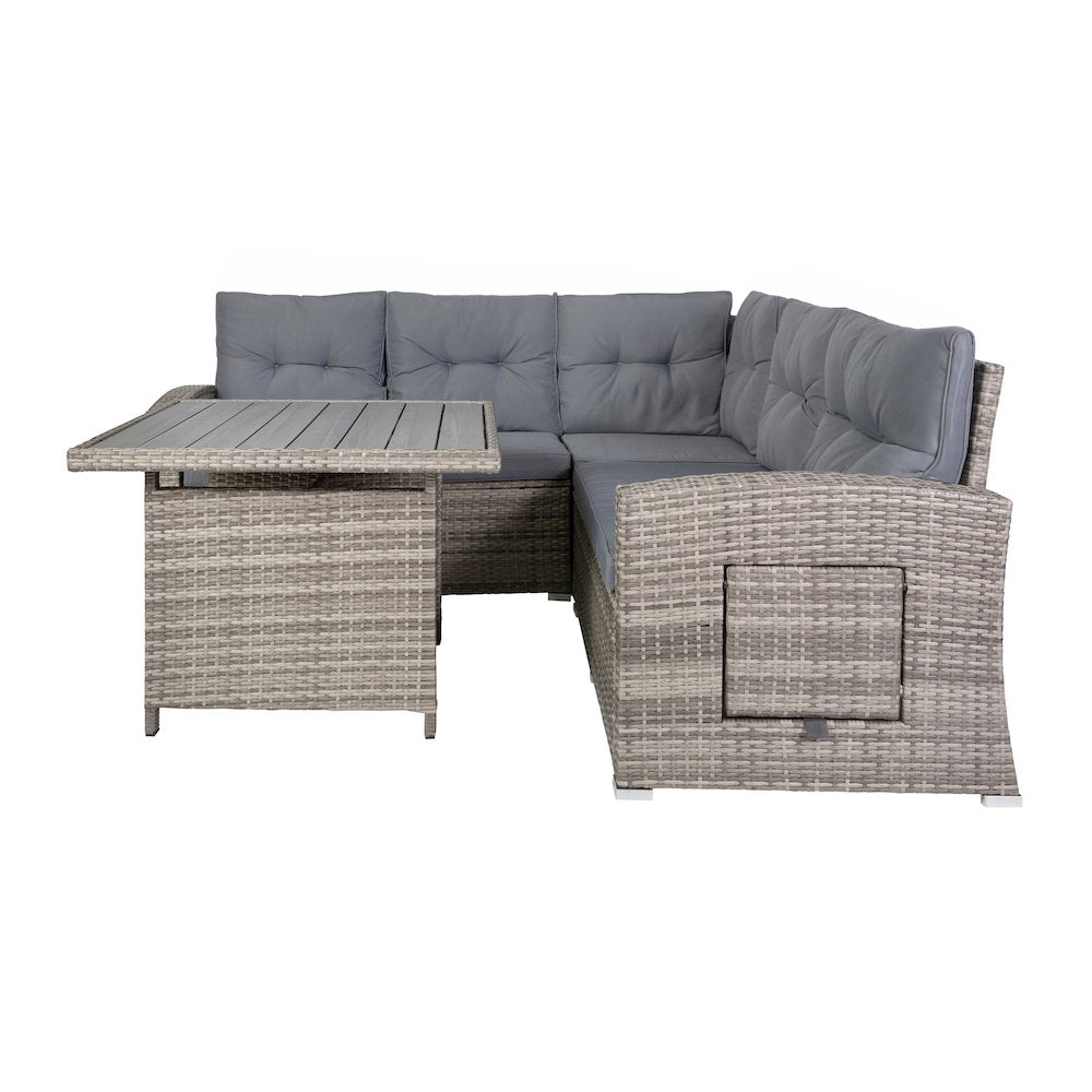 Set With L-Shaped Sofa and Table With Faux Wood Top, Gray Cushions/Gray Frame