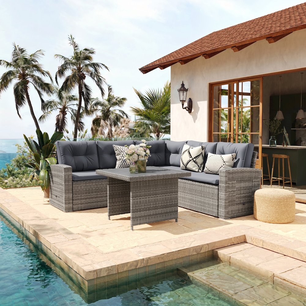 Set With L-Shaped Sofa and Table With Faux Wood Top, Gray Cushions/Gray Frame