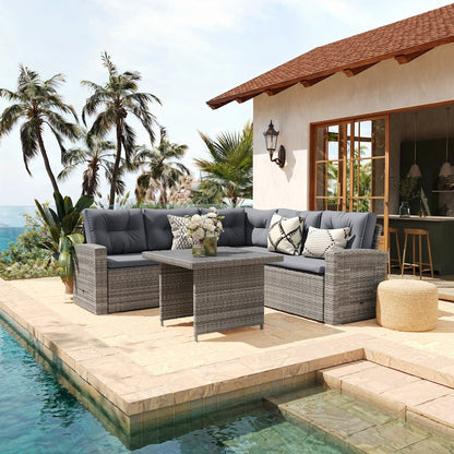 Set With L-Shaped Sofa and Table With Faux Wood Top, Gray Cushions/Gray Frame