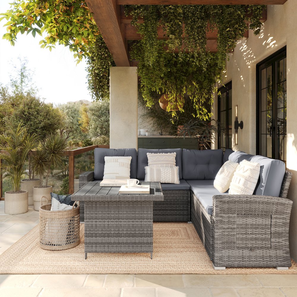 Set With L-Shaped Sofa and Table With Faux Wood Top, Gray Cushions/Gray Frame