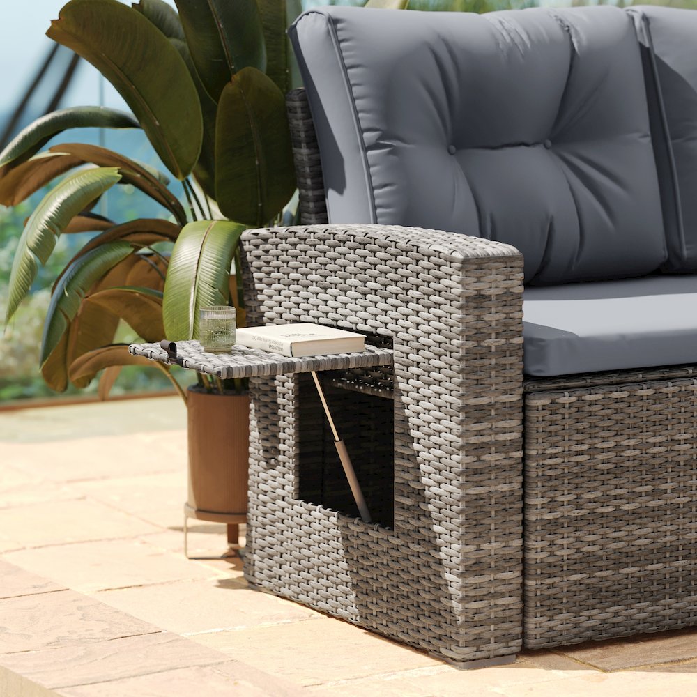 Set With L-Shaped Sofa and Table With Faux Wood Top, Gray Cushions/Gray Frame
