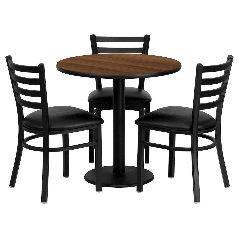 30'' Round Walnut Laminate Table Set with 3 Ladder Back Metal Chairs - Black Vinyl Seat