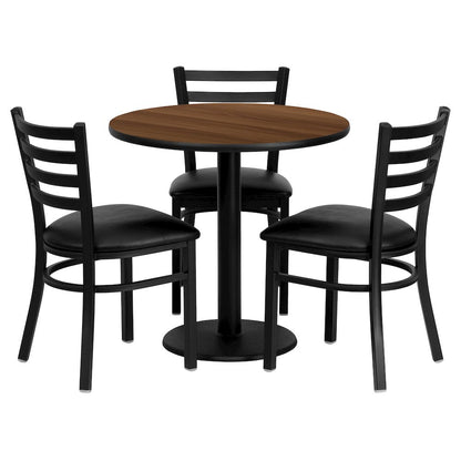 30'' Round Walnut Laminate Table Set with 3 Ladder Back Metal Chairs - Black Vinyl Seat