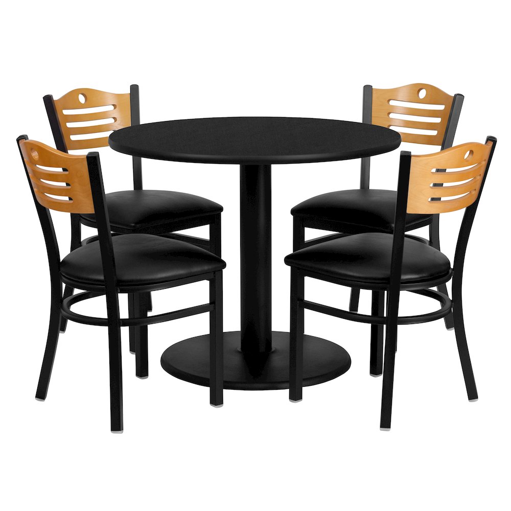 36'' Round Black Laminate Table Set with 4 Wood Slat Back Metal Chairs - Black Vinyl Seat