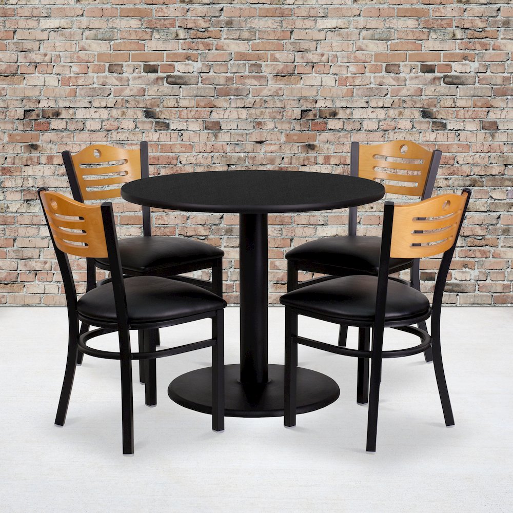 36'' Round Black Table Set with 4 Wood Slat Back Metal Chairs - Black Vinyl Seat