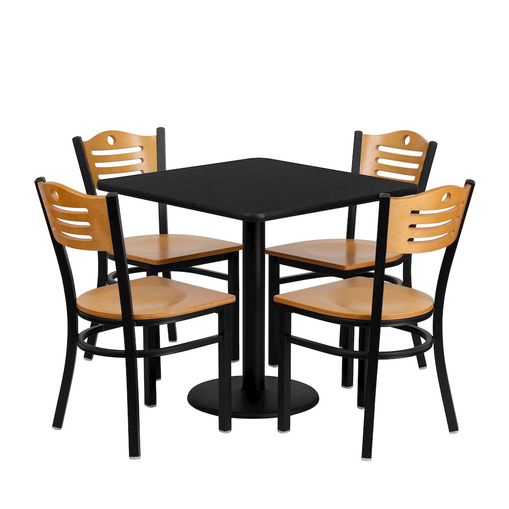 30'' Black Table Set with 4 Wood Slat Back Metal Chairs - Natural Wood Seat