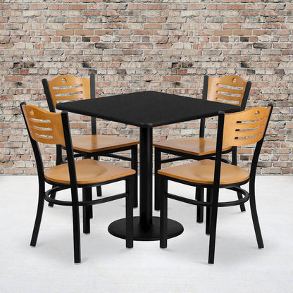 30'' Black Table Set with 4 Wood Slat Back Metal Chairs - Natural Wood Seat