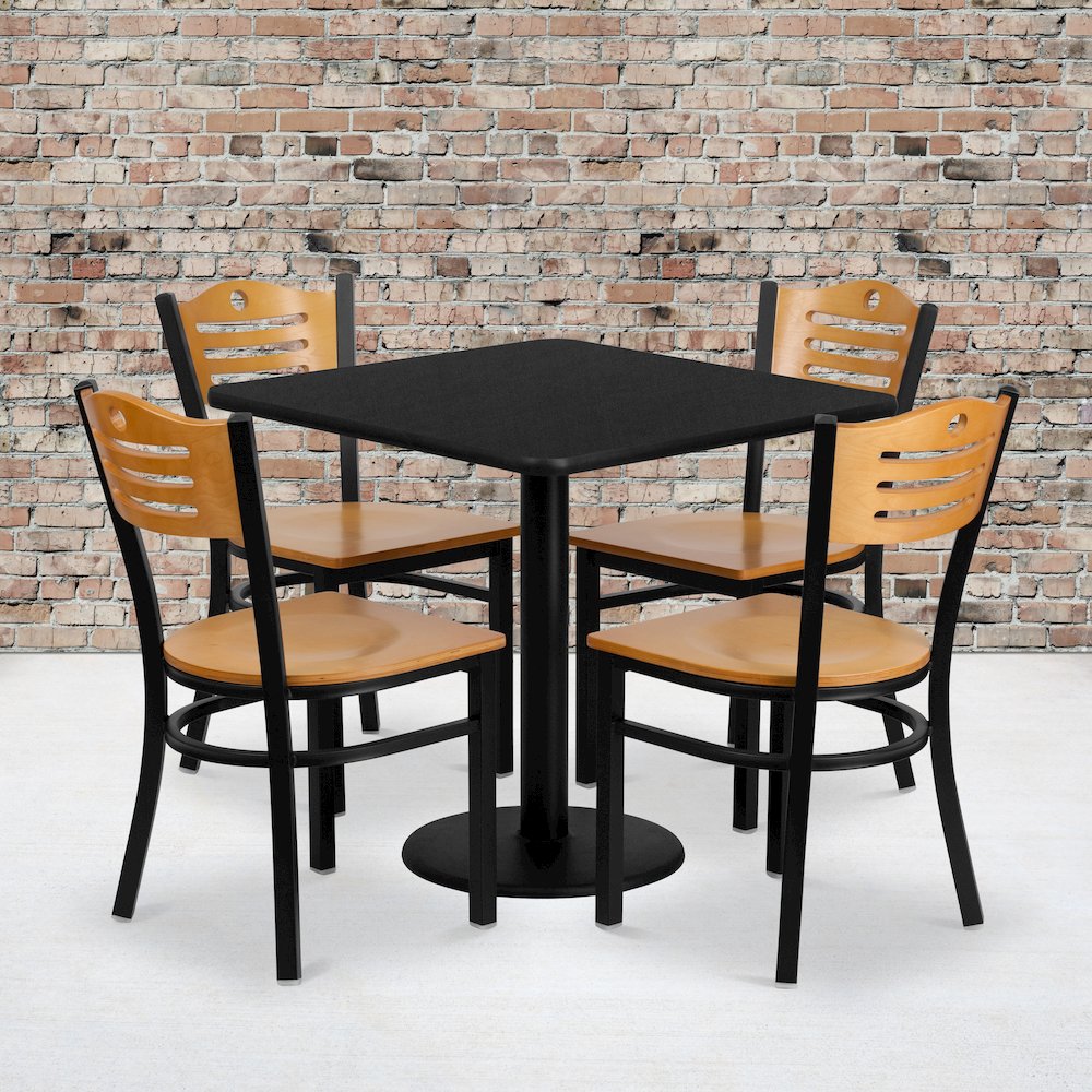 30'' Square Black Laminate Table Set with 4 Wood Slat Back Metal Chairs - Natural Wood Seat