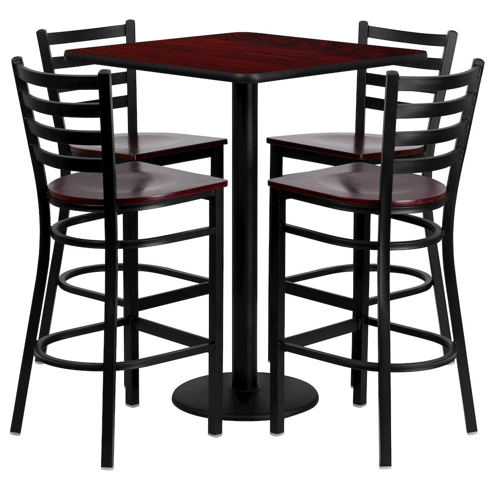 30'' Mahogany Table Set with 4 Ladder Back Metal Barstools - Mahogany Wood Seat