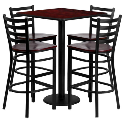 30'' Mahogany Table Set with 4 Ladder Back Metal Barstools - Mahogany Wood Seat