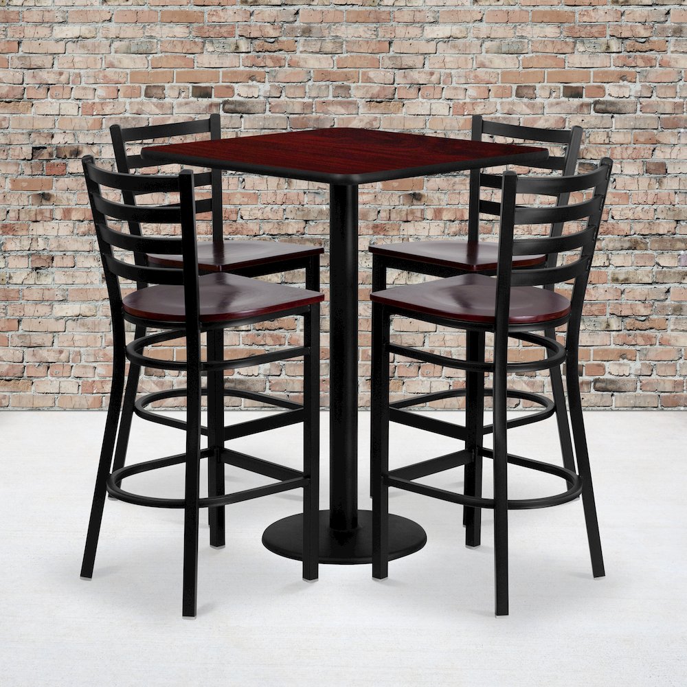 30'' Mahogany Table Set with 4 Ladder Back Metal Barstools - Mahogany Wood Seat
