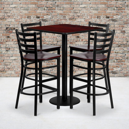 30'' Mahogany Table Set with 4 Ladder Back Metal Barstools - Mahogany Wood Seat