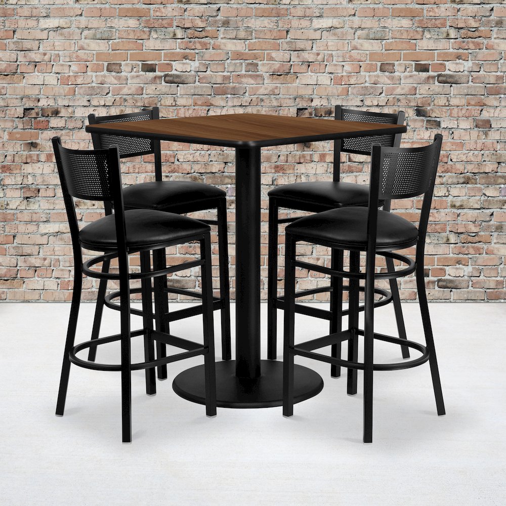 36'' Square Walnut Laminate Table Set with 4 Grid Back Metal Barstools - Black Vinyl Seat