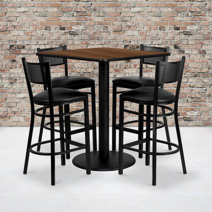 36'' Square Walnut Laminate Table Set with 4 Grid Back Metal Barstools - Black Vinyl Seat
