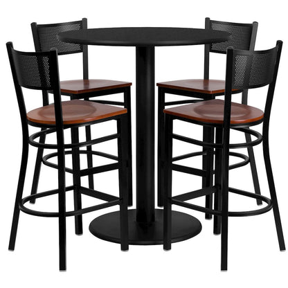 36'' Round Black Table Set with 4 Grid Back Metal Barstools - Cherry Wood Seat