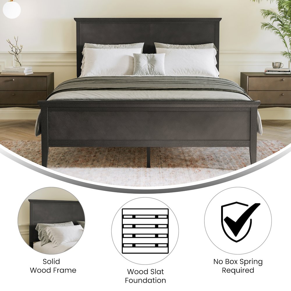 Queen Size Solid Wood Platform Bed Frame, Dark Gray