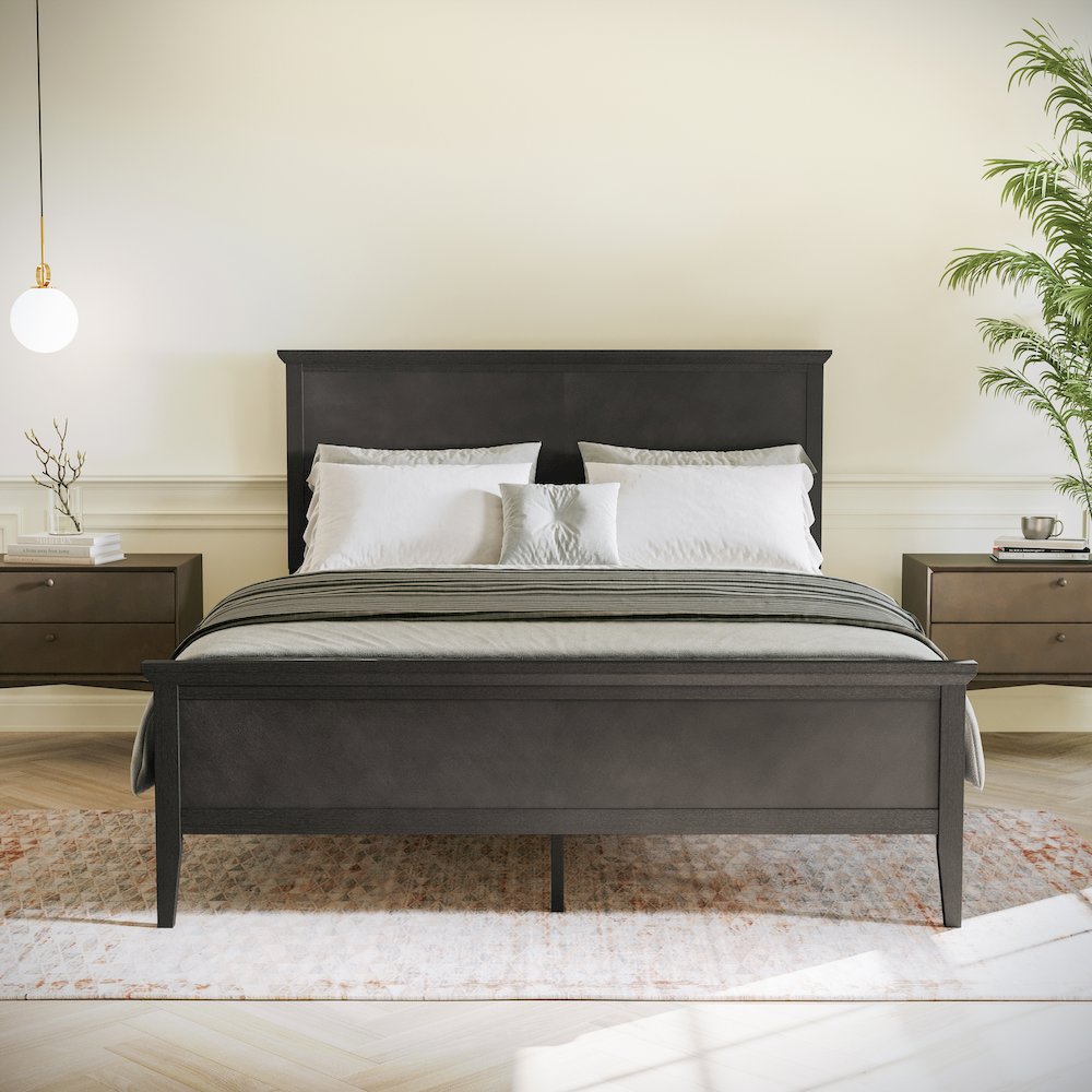 Queen Size Solid Wood Platform Bed Frame, Dark Gray