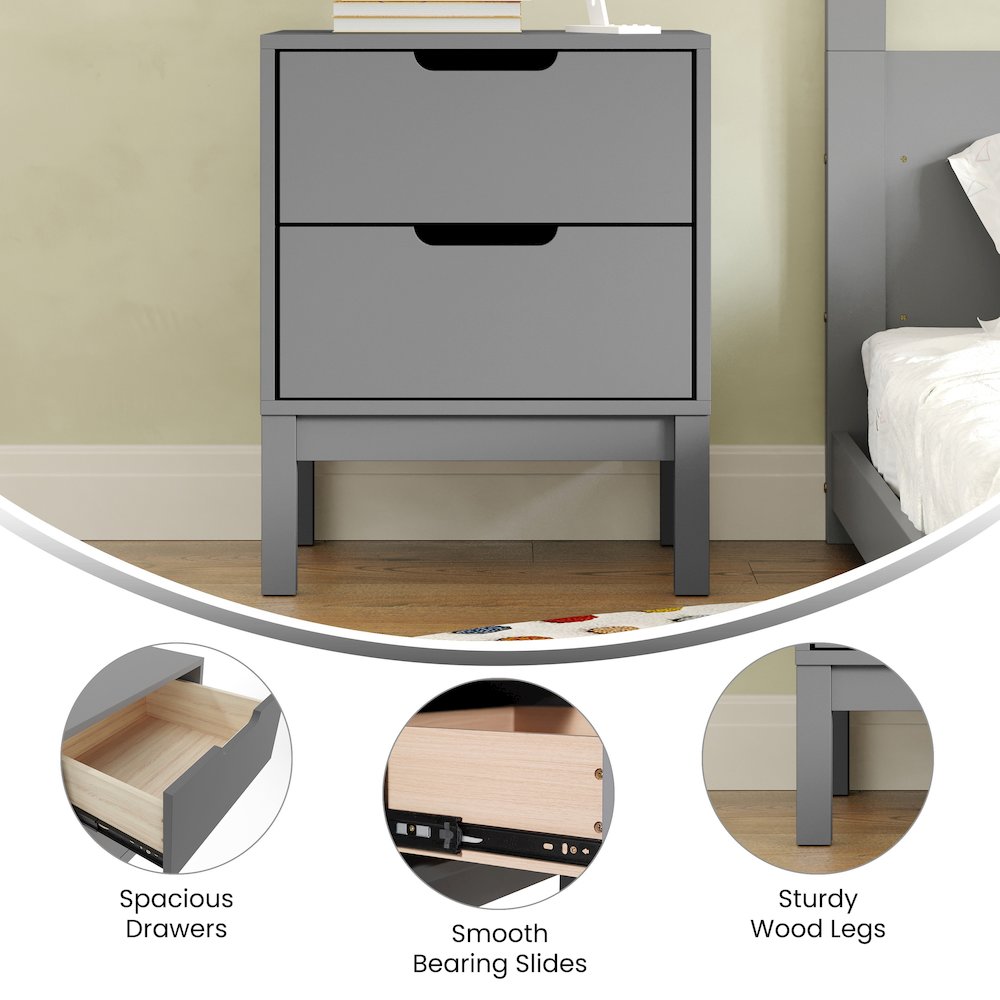 Dallas Wooden Night Stand, Bedroom Side Table with 2 Storage Drawers in Gray