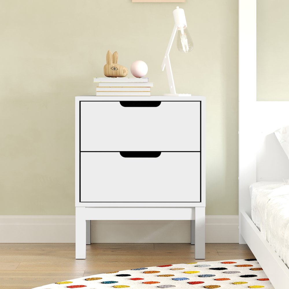 Dallas Wooden Night Stand, Bedroom Side Table with 2 Storage Drawers in White